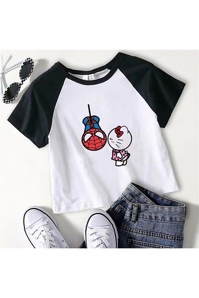 Touz Moda Spider-man & Hello Kiitty Printed Raglan Sleeve White Crop