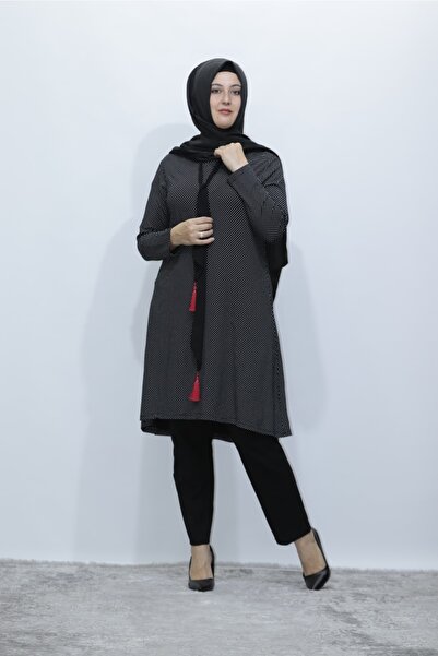 Zey&Ka Butik Plus Size Polka Dot Printed Tasseled Combed Cotton Tunic