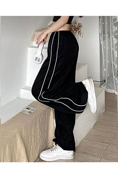 Gofeel Harajuku Zip Detail Double Striped Black Tracksuit Oversize Black Sweatpants