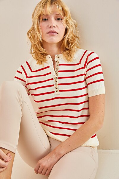 Bianco Lucci Women's Buttoned Sleeves and Elastic Skirt Knitwear Blouse