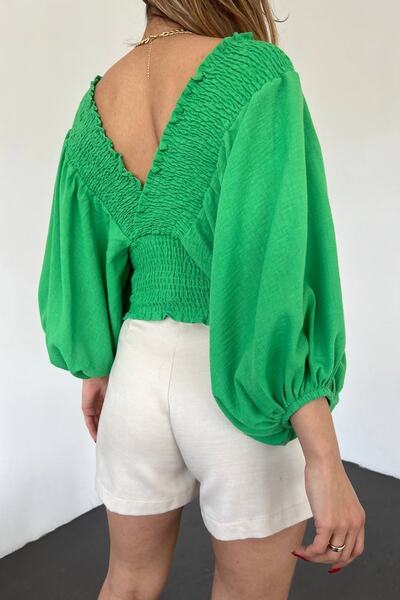 bayansepeti Γυναικείο βαμβακερό ύφασμα με λαιμόκοψη V ελαστικό και λεπτομερές σχέδιο μπαλόνι μανίκι Πράσινη μπλούζα 37 εκ. Crop 10380