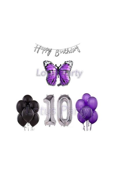 LOTUS PARTY 10 Yaş Kelebek Temalı Balon Parti Seti - Mor Renk Kelebek Folyo B...