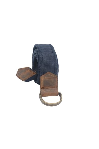 Anatolia Unisex Leather Detailed D Ring Antique Buckle Navy Blue Woven Tactical Sport Denim Canvas Belt