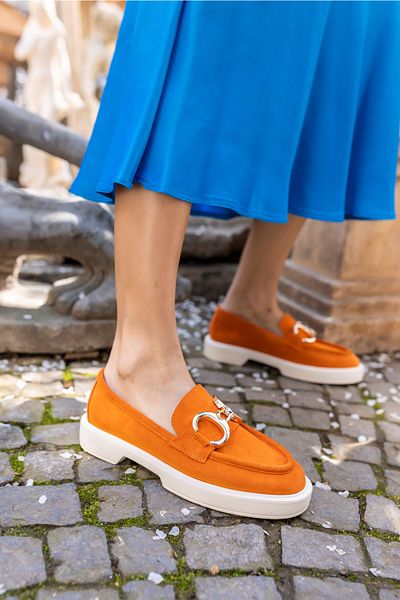 ANGELİNA JONES Granda Women's Orange Real Suede Loafer Shoes