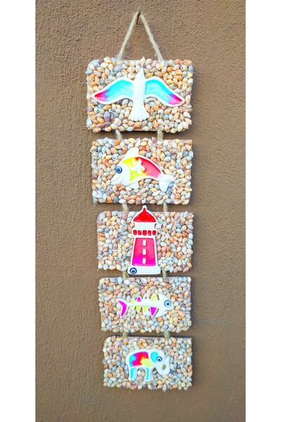 Antioch Art And Design Balıklı Yel Değirmenli Martılı Kelebekli Filli Yunuslu Fenerli Deniz Kabuklu Beş Parça Duvar Süsü