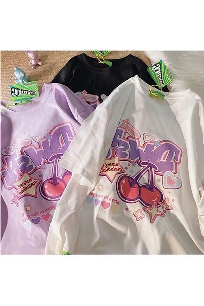 Gofeel Dwstu Cartoon Cherry White Color Printed Unisex Oversize Printed T-shirt