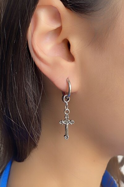 axexuar 316l Halka Çelik Küpe Otantik Haç Model Delikli Kulaklara Gümüş Gri Kadın Erkek Küpesi