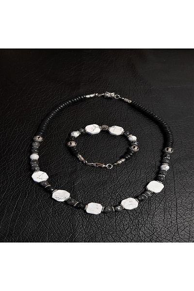 Asteria Elite Larvikite Howlite Coconut Tree Insight, Peace and Earth Necklace Bracelet Set