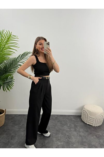 HARMONY GLOBAL Ultra Yüksek Bel Çift Pliseli Kaliteli Atlas Kumaş Palazzo Pantolon Siyah