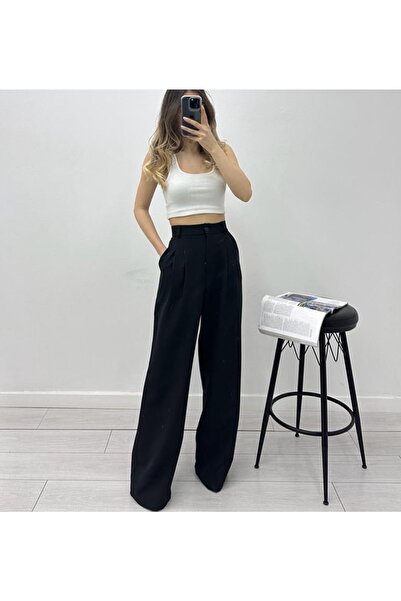 HARMONY GLOBAL Ultra Yüksek Bel Çift Pliseli Kaliteli Atlas Kumaş Palazzo Pantolon Siyah