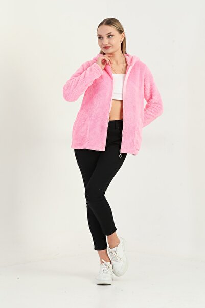 Kardelen Butik Ümraniye سترة صوفية قصيرة بغطاء للرأس وسحاب من Welsoft باللون الوردي