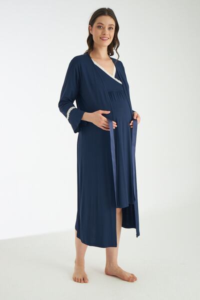 Miss Dünya Lissa Lacivert Dantel Detaylı Hamile Ve Lohusa Gecelik Takımı