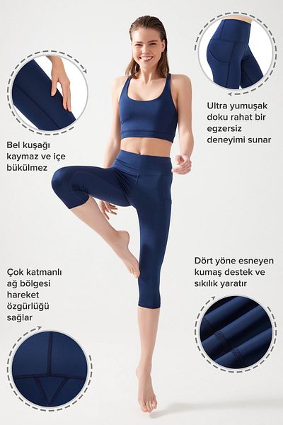 Los Ojos Dámské námořnicky modré Capri legíny Capri s vysokým pasem, vyhlazující dvojitá kapsa pod kolena