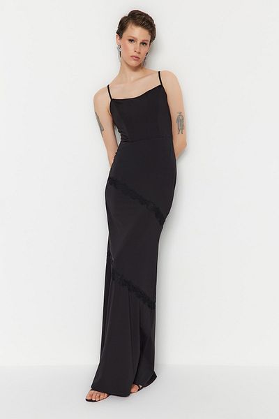 Trendyol Collection Μαύρο βραδινό φόρεμα μακρύ σωματότυπο πλεκτό δαντέλα TPRSS23AE00271