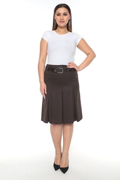 SORALLİNE Women's Office Skirt 65 Cm Length 3 Pleats Lined 724 Brown