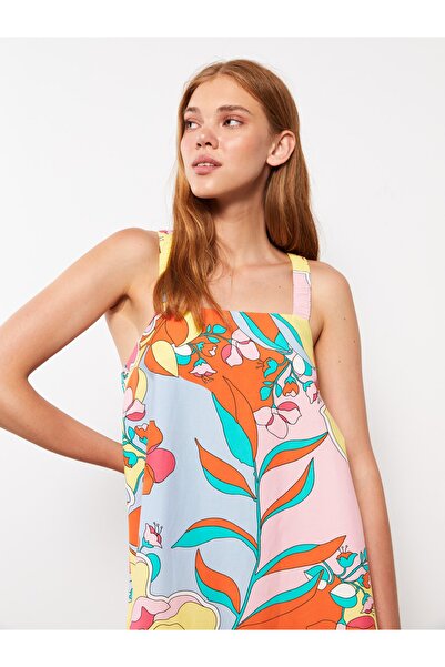 LC Waikiki Čtvercový límec s květinovým páskem popelínové dámské šaty