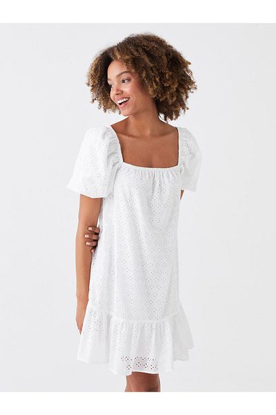 LC Waikiki Square Neck Self Patterned Short Sleeve Embroidery Women's Dress