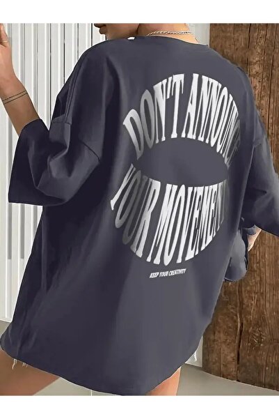 Benisengiydir Women's Gray Dont Printed Oversize Crew Neck Tshirt