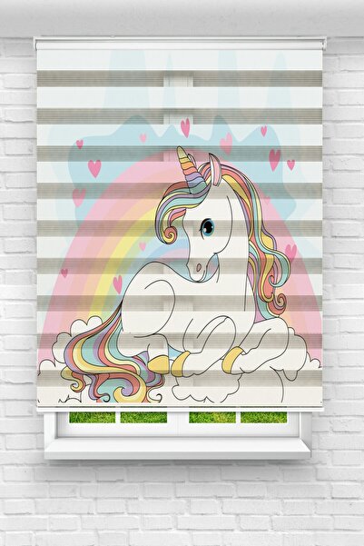 Genel Markalar Çocuk Odası - Sevimli Unicorn Baskılı Zebra Stor Perde