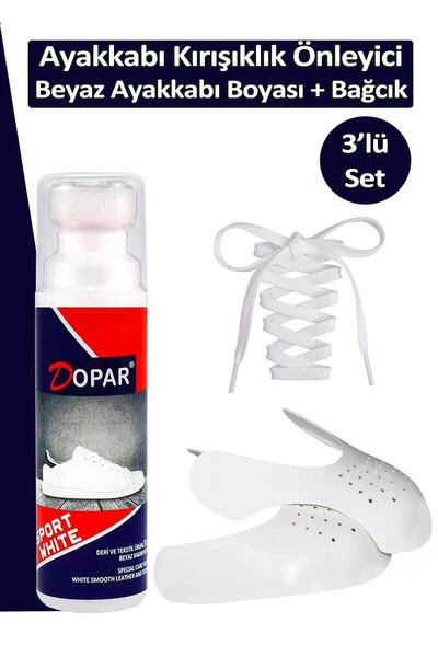 Dopar Ayakkabı Kırışıklık Önleyici Koruyucu M + Beyaz Spor Kumaş Ayakkabı Boyası + Bağcık 3'lü Bakım Seti