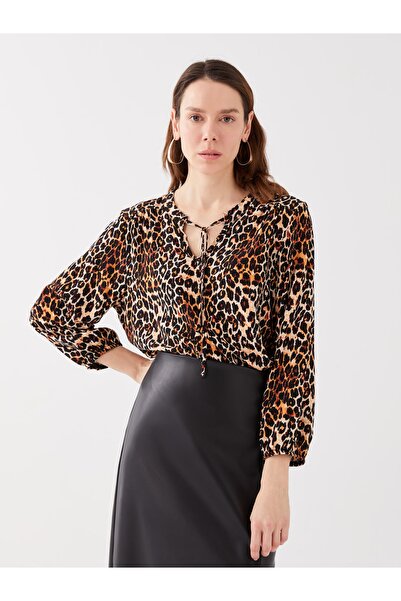 LC Waikiki Bağlamalı Yaka Desenli Uzun Kollu Kadın Bluz