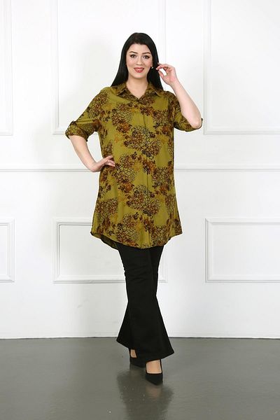 By Alba Collection Women's Khaki Branch Pattern Cotton Viscose Large Size Tunic