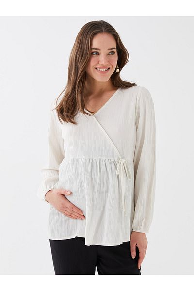 LC Waikiki Double Breasted Neck Plain Long Sleeve Maternity Blouse