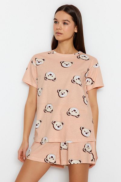 Trendyol Collection 100% pamut lazac póló és rövidnadrág hálóruha szett - THMSS23PT00005