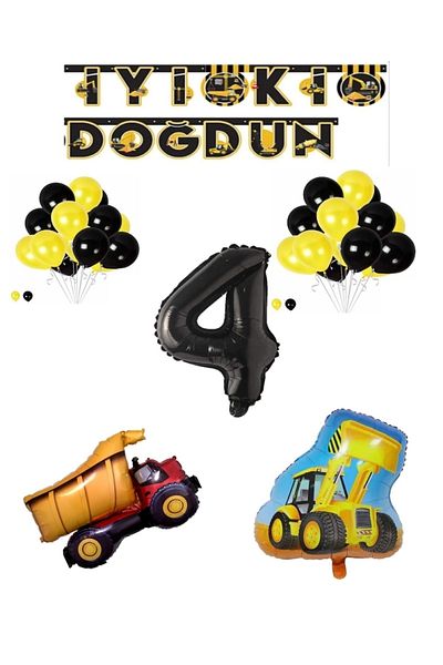 BEST PARTİ DOĞUM GÜNÜ PARTİ SÜSLERİ Construction Themed Birthday Banner Truck Scoop Shaped Balloon Set Black Age 4