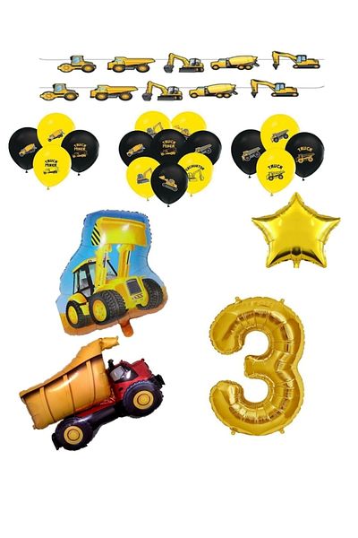RÖNESANS PARTİ Construction Themed Birthday Banner Truck Scoop Shaped Balloon Set Age 3