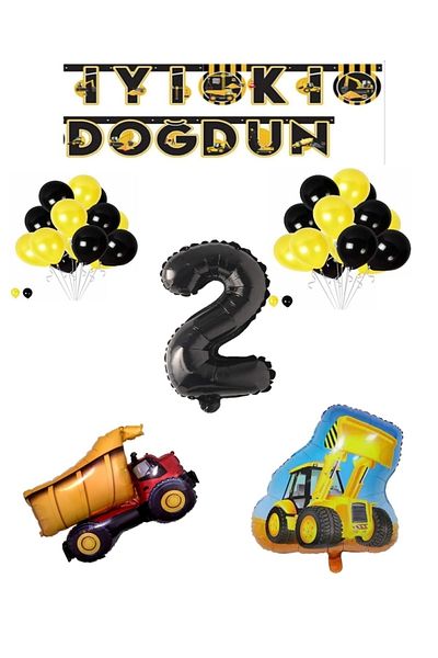 BEST PARTİ DOĞUM GÜNÜ PARTİ SÜSLERİ Construction Themed Birthday Banner Truck Scoop Shaped Balloon Set Black Age 2
