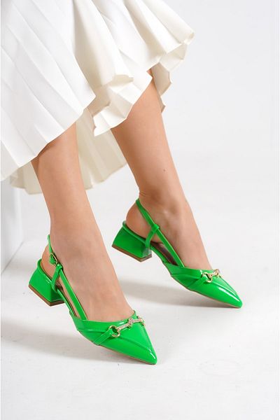 Moda Değirmeni Pantofi cu toc scurt pentru femei, din piele lacuită verde Bg1162-119-0004
