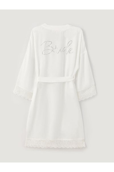 LC Waikiki Damen Morgenmantel aus Satin mit Schalkragen und Braut-Print, langärmelig