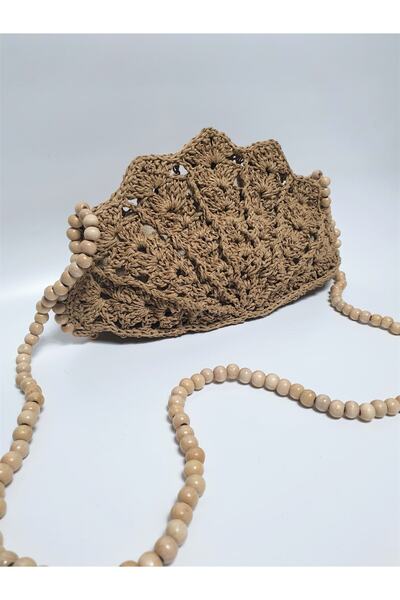 crafttatelier Paper Bag Color Hand Knitted Paper Rope Seashell Wooden Bead Hanging Bag
