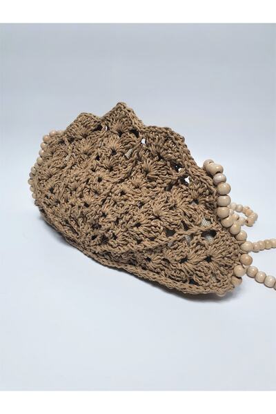 crafttatelier Paper Bag Color Hand Knitted Paper Rope Seashell Wooden Bead Hanging Bag