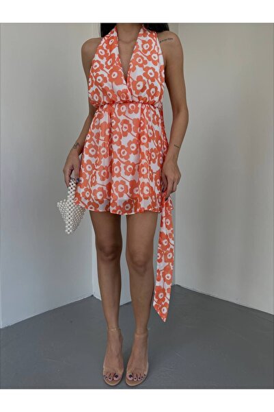 Bak Moda Μίνι πορτοκαλί φόρεμα με λουλουδάτο μοτίβο με δέσιμο στήθος