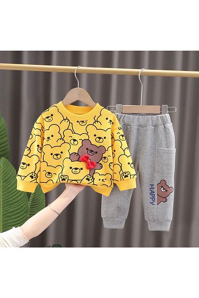 Bubito Happy Bear Visual Bow Tie Combed Cotton 2-Piece Top and Bottom Set-mustard