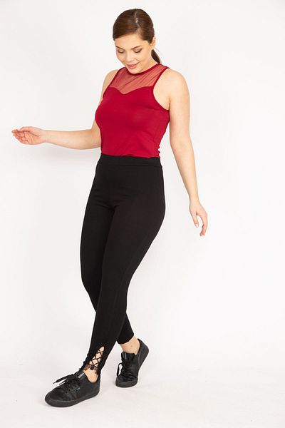 Şans Women's Black Plus Size Leg Lace Detailed Gathering Leggings Pants 65n36041