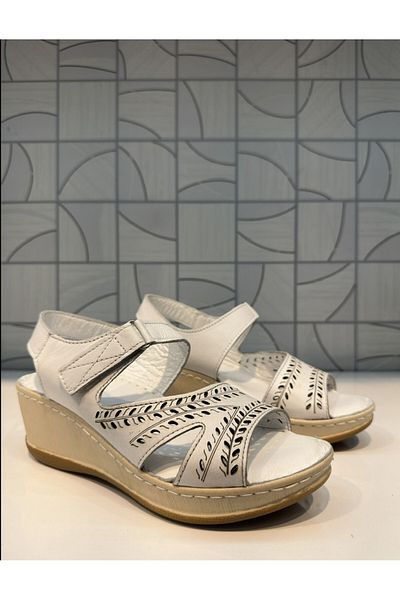 Anıl Ayakkabı Castle Black 22322 Women's White Wedge Heel Genuine Leather Comfortable Daily Sandals