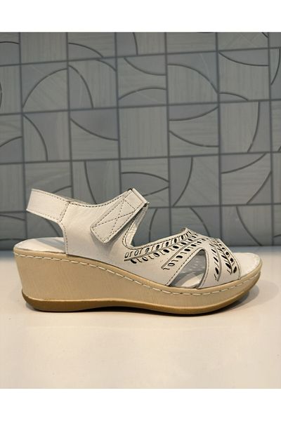 Anıl Ayakkabı Castle Black 22322 Women's White Wedge Heel Genuine Leather Comfortable Daily Sandals