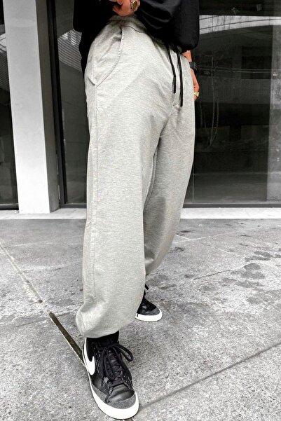 la gizzia Gri Siyah Büyük Beden Eşofman Paçası Lastikli Oversize Siyah Eşofman Kışlık Battal Kalıp Bol Eşofman