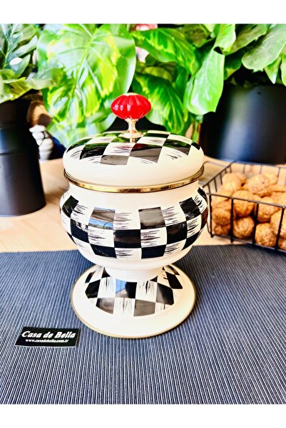 CASA DE BELLA Emaye Dama Desenli Ayaklı Kavanoz Şekerlik - 20x15cm