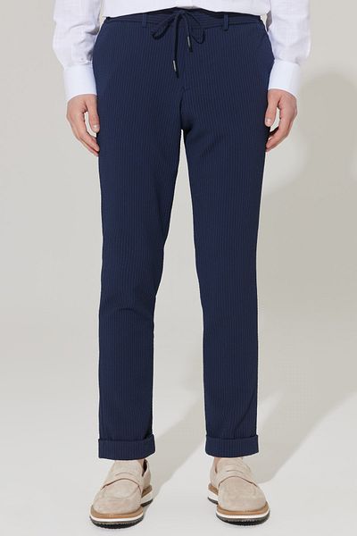 ALTINYILDIZ CLASSICS Ανδρικό Navy Blue Slim Fit Slim Fit Side Pocket Seersucker μοτίβο Tie Waist Jogger παντελόνι