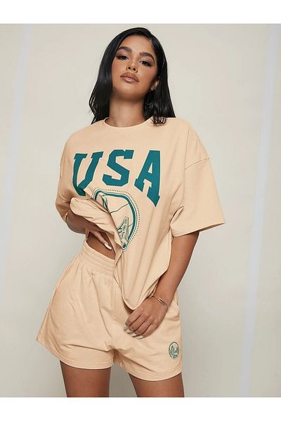 Machetta Set de pantaloni scurți de tricou oversize, cu imprimeu SUA, de vară