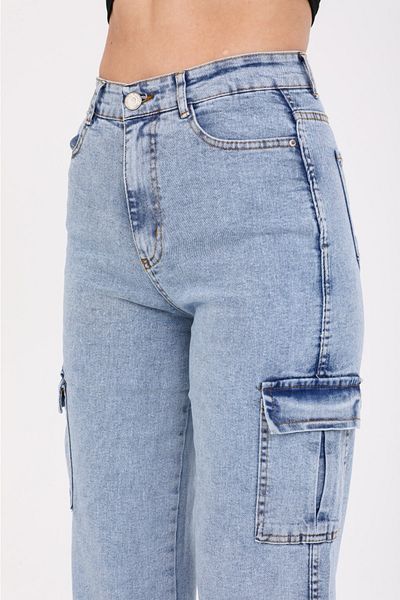SHEVEGA Ice Blue Cargo Buzunar Lycra Talie Înaltă Pantaloni Largi Denim Denim Jean Flare