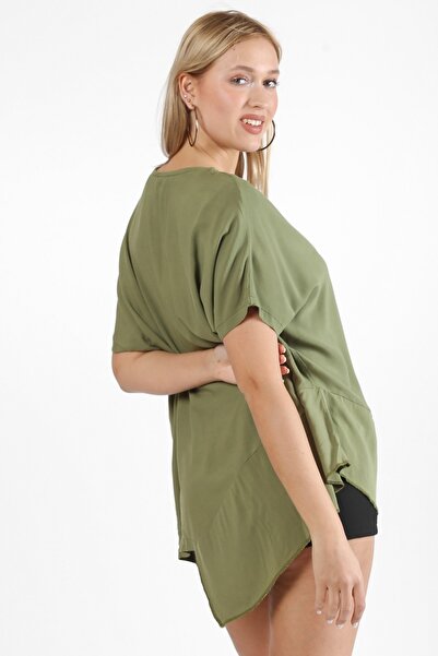 Chiccy Khaki Round Neck Bat Sleeve Asymmetrical Knitted T-shirt