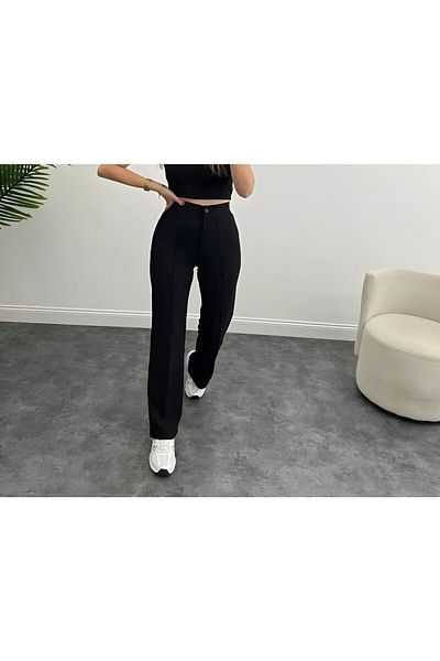 MADAMECİX Women's Black Crepe Fabric Full Stretchy High Waist Palazzo Pants