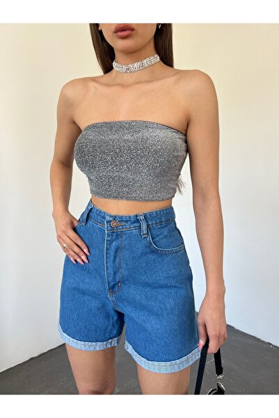 Fav Style Kadın Yüksek Bel Mom Kalıp Denim Şort Koyu Mavi