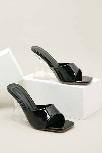 TrendyAnka Women's Black Patent Leather 8 Cm Transparent Heeled Evening Dress Sandals Shoes Slippers