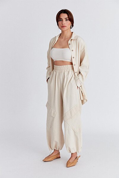 Ortaya Çık Beige Elastic Waist Linen Cargo Pants